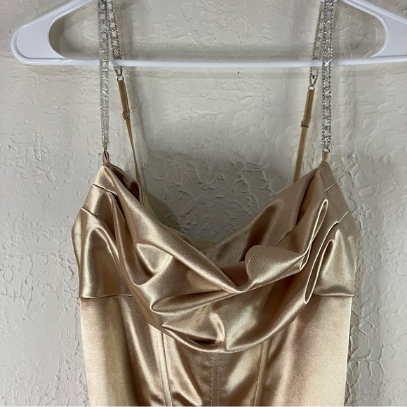 Oh Polly Embellish The Moment Ruched Satin Metallic Knee Length Dress in Gold - Picture 5 of 15